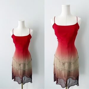 BCBG 100% silk ombre beaded scalloped midi dress